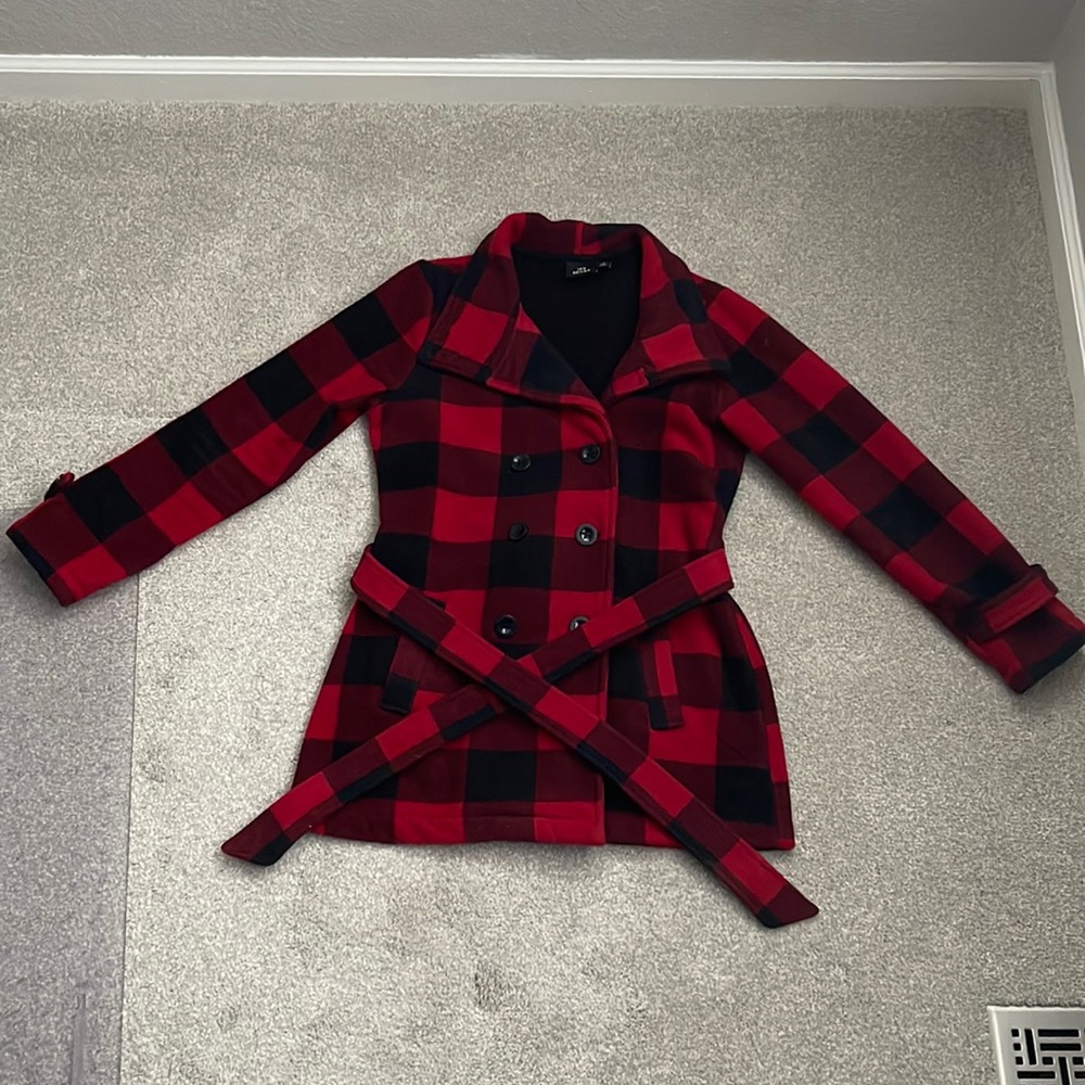Red & Black Plaid Pea Coat